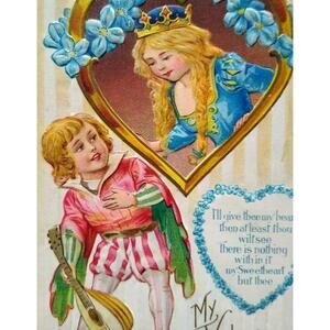 Valentine Victorian Postcard Nash Princess Lute Guitar Player Striped Background